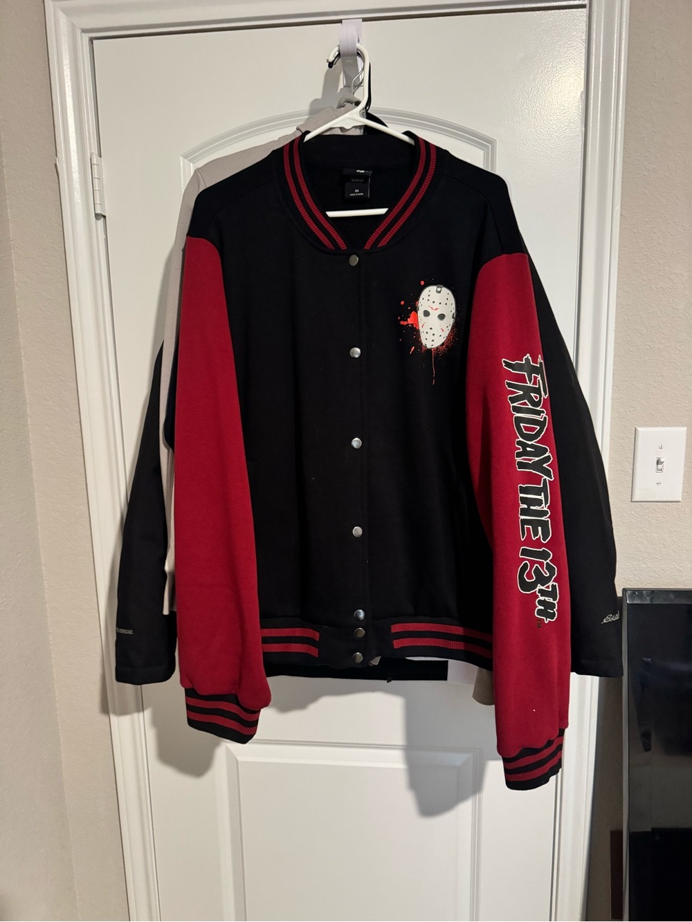 Black & Burgundy Varsity Bomber Jacket with Jason Friday The 13th Graphics. - Picture 2 of 3